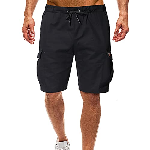 Cotton Cargo Shorts For Men,Pure Color Elastic Waist Knee Length Drawstring Low Rise Quick Dry Tactical Short For Men,Muti-Pockets Hiking Fishing Classic 2022 Outdoor Wear(A-Black,Xl) #TOP14