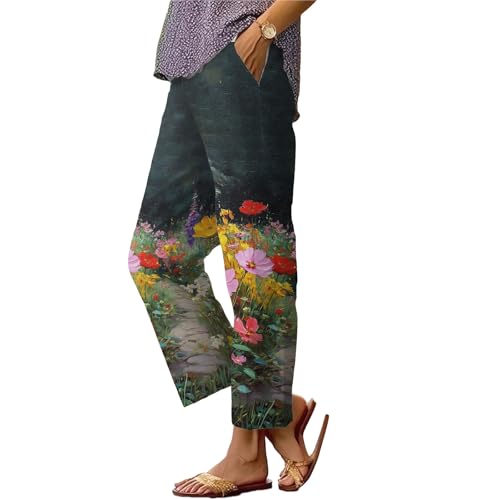 Casual Pants for Women Oil Painting Flower Print Straight Leg Trousers Summer Boho Floral Palazzo Pants with Pockets