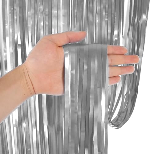 Image of Party Propz Silver Foil Curtain for Decoration - 4 Pcs (3ftx6ft) Silver Curtain for Birthday Decoration | Fringe Curtains for Decoration | Foil Curtains for Birthday Decoration | Foil Fringe Curtain