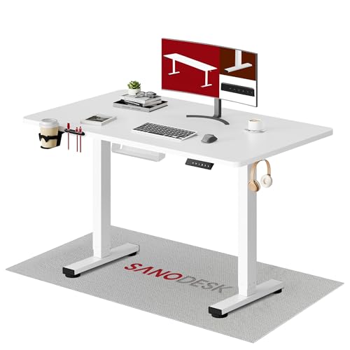 SANODESK Höhenverstellbarer Schreibtisch 110×54 cm – Kompakter Standing Desk mit praktischem Zubehör, ideal für kleine Räume, leise & sicher mit Anti-Kollisions-Schutz(Weiß)