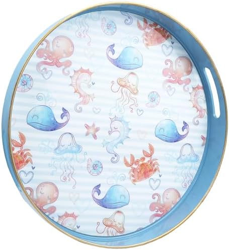 Round Coastal Blue Decorative Serving Tray with Handles 13