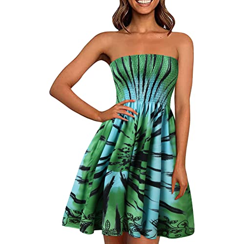 Sommerkleid für Frauen Strandmode Ärmelloses Design mit Blumenprint Bohemian Style Urlaubsoutfit (Green, S)