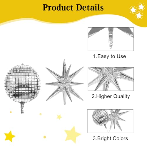 Image of Disco Ball Balloons, 7 PCS Foil Mylar Balloon Set, 22 Inch Silver 4D Disco Balloon with Explosion Star Balloon for 70s 80s 90s Bachelorette Birthday Party Anniversary Wedding New Year Graduation Decor