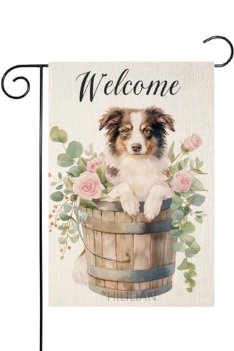 HILILIAN Welcome Spring Summer Australian-Shepherd Garden Flag, Burlap Small Hello Fall Garden Flag for Outside 12x18 Double Sided Pink Rose Vertical Seasonal Outdoor Decoration(4080)