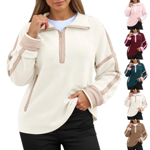 CSVBVSQ Quarter Zip Pullover Women,Half Zip Pullover Women 2026 Casual Stand Collar Color-Block Quarter Zipper Hoodies Cropped Sweatshirts With Pockets(01_Beige,Large)