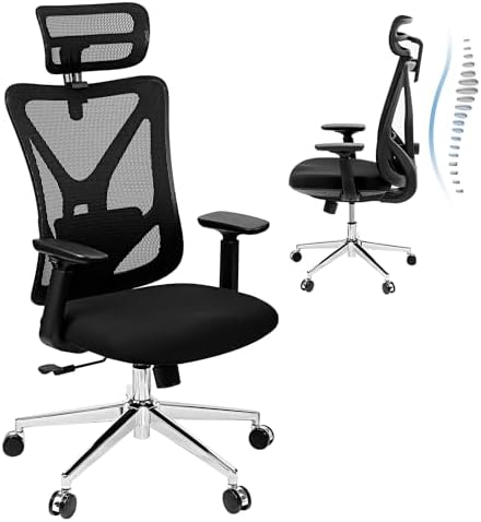 deli Ergonomic Mesh Office Chair, High Back Desk Chair with Adjustable Lumbar Support and Headrest, Swivel Computer Task Chair with flip-up Armrests for Guitar, Gaming, Black