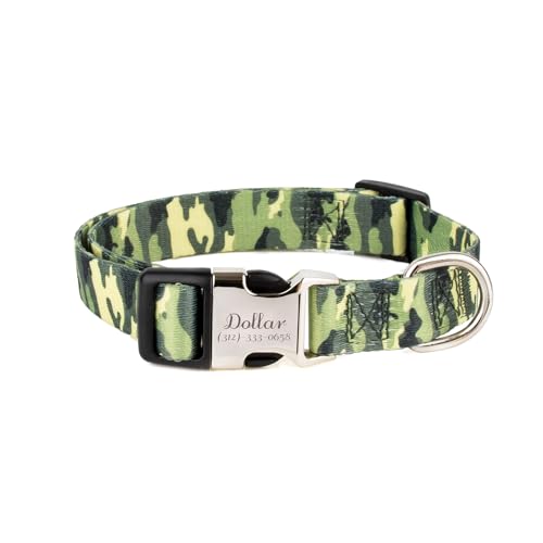 Muka Collar de perro personalizado grabado con nombre y número de teléfono, tamaño ajustable y diseño de nailon de camuflaje, verde, S