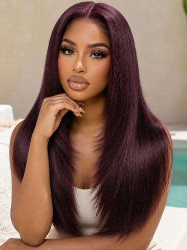 Image of KLAIYI Black Cherry Layered Straight 7x5 Pre Cut Lace Front Wigs Human Hair Bye Bye Knots Glueless Ready to Wear Go Wig Pre Plucked Pre Bleached Dark Burgundy Wine Red Beginner Wig 180% Density 24Inch