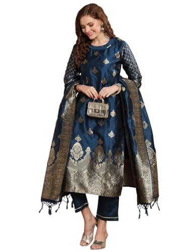 Image of VredeVogel Women's Cotton Silk Jacquard, Banarasi Silk Kurta Pant With Dupatta Set