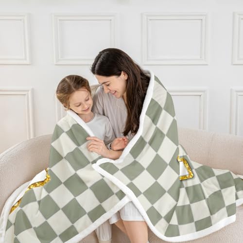 Image of Erosebridal Sage Green Checkered Sherpa Blanket Plaid Initial F Fuzzy Plush Throw Personalized Monogram Fleece Blanket for Kids Boys Girls,Fashion Grids Gingham Decor for Bed Couch Baby 30 inchx40 inch