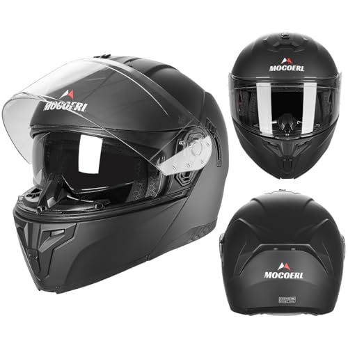 MOCOERL-Motorradhelm Klapphelm Integralhelm Herren Damen mit verstärktem Kinnschutz, Doppelvisier, ECE 22.06 Zertifizierung, Mattschwarz (XL)