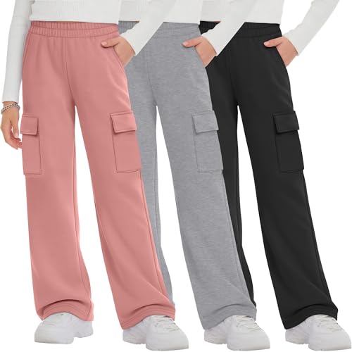 LessonZoo 3 Pack Girls Cargo Sweatpants Elastic Waist Straight Leg Joggers Athletic Casual Basic Pants with 4 Pockets(Pink Gray Black 11-12 Years)