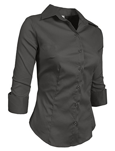 NE PEOPLE Button Down Shirt - Women's 3/4 Sleeve Roll Up Stretch Collar Office Work Formal Casual Basic Blouse Top NEWT01 Charcoal L