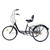 Triciclo de 26 pulgadas para adultos, 6 marchas, 3 ruedas, bicicleta con cesta de la compra para adultos, triciclo con respaldo, bicicleta urbana (negro)