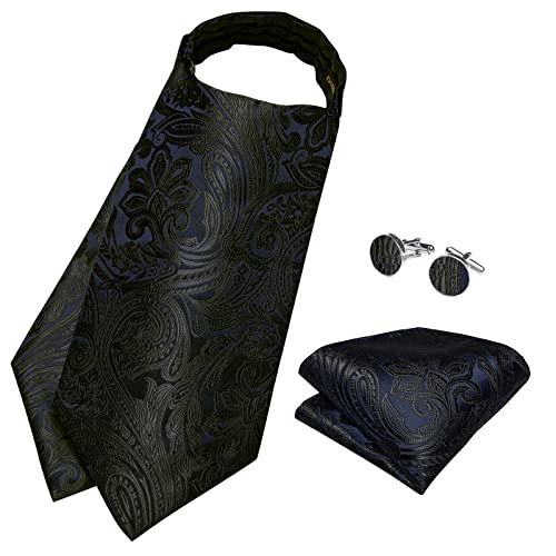 Image of DiBanGu Mens Silk Ascot Ties Paisley Jacquard Woven Cravat and Pocket Square Cufflinks with Lapel Pin for Business Wedding