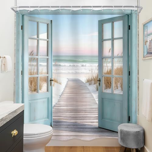 Image of Riyidecor Summer Beach Ocean Shower Curtain 72Wx72H Inch Coastal Blue Sea Teal Barn Door Rustic Seaside Hawaiian Scenery Country Path Bathroom Decor Fabric Polyester Waterproof 12 Pack Hooks