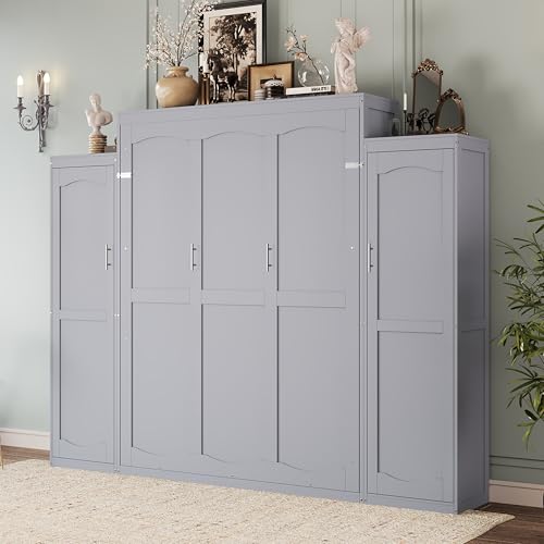 Merax Queen Size Wood Murphy Bed, with 2 Wardrobe and Storage Shelf, Multifunctional Foldable Wall Platform Bedframe for Guest-Room, Bedroom, Gray