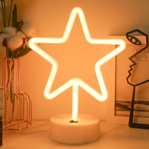 Luz de neón con forma de estrella, luz nocturna para dormitorio - Alimentada por batería/USB, señales de neón LED en forma de estrella de color blanco cálido con base, luces de decoración para el