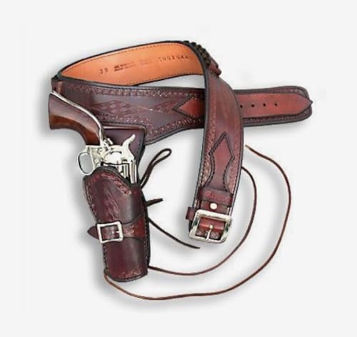 Western Cowboy Ammo Vintage Cartridge Belt Ammo Tooled Leather .38 .357 (Brown Right Hand, Size 3 (38