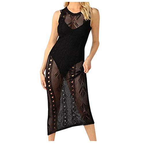 Bañadores Hombre Playa Marca Traje de ganchillo hueco con cordones, cuello redondo, cubierta sin mangas, traje de baño de punto para mujer, conjunto de Tankinis Parte Inferior Bikini (Black, One Size)