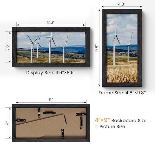 Image of 4x9 Picture Frame,Solid Oak Wood 4 inchx9 inch Photo Frame, Black Color Tempered Real Glass 4 by 9 Wooden Frames with No Mat,9x4 Picture Frames for Wall or Tabletop Display