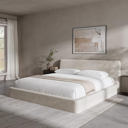 Image of RECCI AirFrame King Size Bed Frame with Ergonomic Angled Foam Cushioned Headboard, Minimalist Design Platform Bed Frame, No Box Spring Needed, Easy Assembly (Beige Chenille)