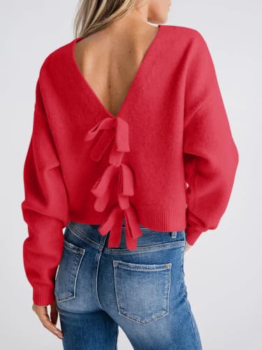 Image of Saodimallsu Womens Bow Sweater Cropped V Neck Long Sleeve Pullover Tops