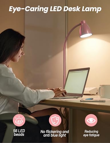 Image of BOHON Cute Desk Lamp with USB Charging Port, 3 Color Modes Dimmable, Pink | Pink Lamp LED Reading Lamp, Flexible Neck Auto Dimming Table Task Light for Home Office Dorm Bedside