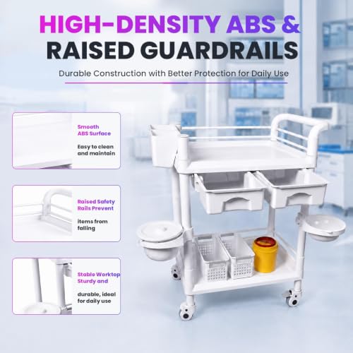 Medical Rolling Cart, 2 Tier Mobile Esthetician Utility Cart with Pull-Out Drawers, 360° Silent Lockable Casters, Heavy Duty 330 LBS Capacity, Utility Cart for Dental Clinics and Beauty Salon - Image 3