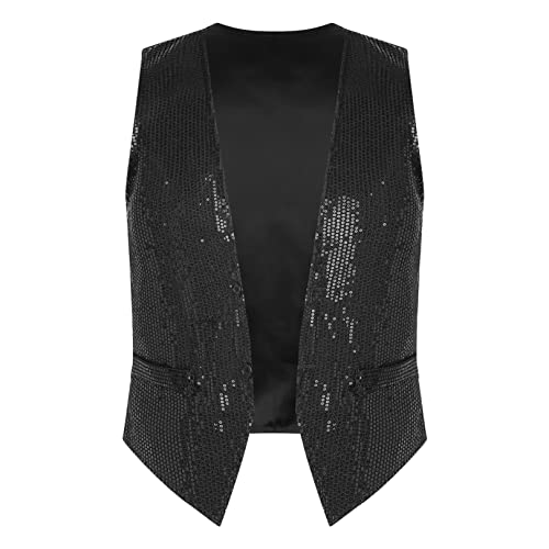 Photo de FEESHOW Gilet sans Manches Homme Paillettes Gilet Costume de Performance Spectacle Blazer pour Soirée Disco Mariage Cérémonie Fête Danse Party Noir 4XL