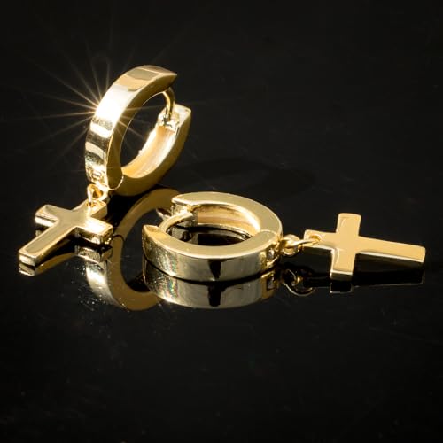 Solid Yellow Gold Plated 925 Sterling Silver Drop Dangle Cross Huggie Hoop Earrings Trendy Cross Earrings For Men Women Small 12mm Huggie Hoops Dangling Earrings for Men Hypoallergenic Lightweight3