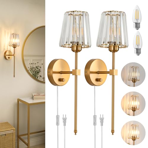 Crystal Wall Sconces Set of 2, Dimmable Wall Sconce with Plug in Cord and Dimmer Gold Plug in Wall Lamp Wall Mounted Light with Crystal Shade for Living Room Bedroom Vanity Light, Bulbs Included