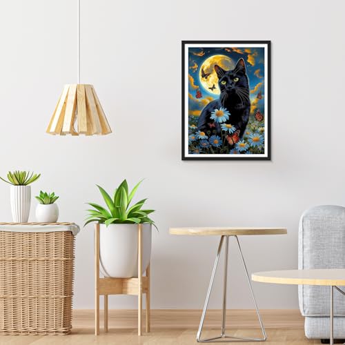 Image of HEIBAGO Black Cat Diamond Art Kits for Adults, Animal Diamond Painting Kits for Adults Beginners, 5D Full Drill Round Moon Diamond Art Painting, DIY Diamond Dots for Adult for Home Wall Decor 12x16 In