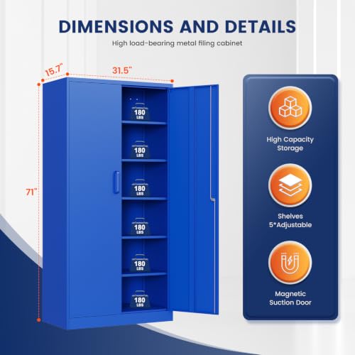 Image of Yizosh Metal Garage Storage Cabinet with 2 Doors and 5 Adjustable Shelves - 71 inch Steel Lockable File Cabinet,Locking Tool Cabinets for Office,Home,Garage,Gym,School (Blue)