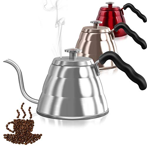 Pour Over Coffee Kettle with Thermometer-Flow Gooseneck Tea Kettles-Brew Barista-Standard Hand Drip Coffee Suitable all Stovetops and Induction, BPA Free,Father's Day Gift (Silver 34oz)