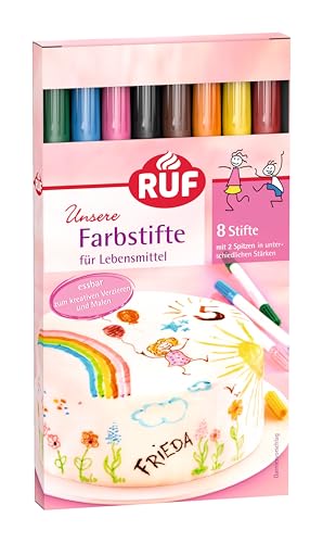 RUF Lebensmittel-Farbstifte, 8 lebensmittelechte Speisefarben als Stifte-Set zum Malen & Schreiben auf Fondant & Co., Zucker-Stifte mit je 2 Spitzen