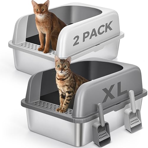 2 Pack Stainless Steel Cat Litter Box with Lid, XL Extra Large Metal Box for Big Cats, 24' L x 16' W x 12' H, Enclosed Litter Box High Sided, Non-Sticky, Include Litter Scoop