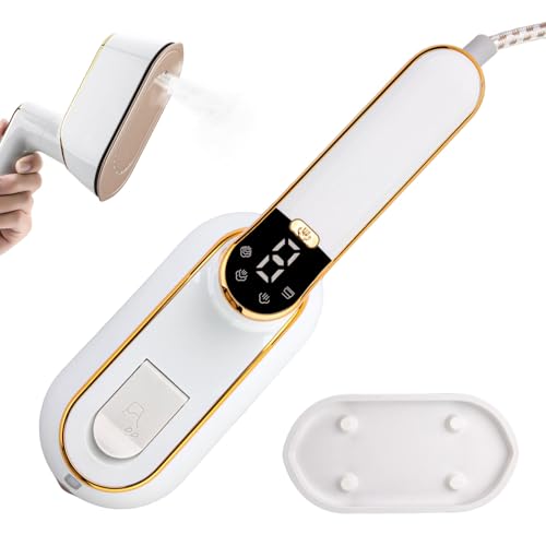 Image of 1200W Portable Steam Iron with LCD Display, 3 Steam Levels, 110ml Water Tank, Foldable Handle, Ceramic Soleplate - Quick Heat-Up, Travel & Home Clothes Steamer - 220V (White)