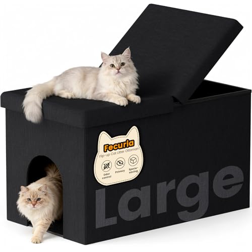 Fecuria 3-in-1 Cat Litter Box Enclosure with Odor Control, Multi-Functional Hidden Litter Box Furniture Bench, Dog Proof, Space-Saving Ottoman Cabinet with Flip-Up Lid, Storage Footrest, Black