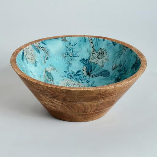 Image of SAAGA Printed Mango Wood Serving Bowl - 10 x 4 Inch Handcrafted Round Wooden Bowl | Food-Grade Finish for Noodles, Soups, Curries & Snacks - Marine Blue