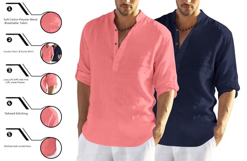 Image of Zombom Men's Combo Cotton Polyester Blend Solid Full Sleeve Straight Regular Fit Mandarin /Chinese Collor Kurta (Pack of 2)