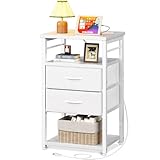 KKL サイドテーブル ナイトテーブル ベッドサイドテーブル コンセント付き 40×30×70cm 革の引き出し付き 収納付き ベッド横 オールホワイト