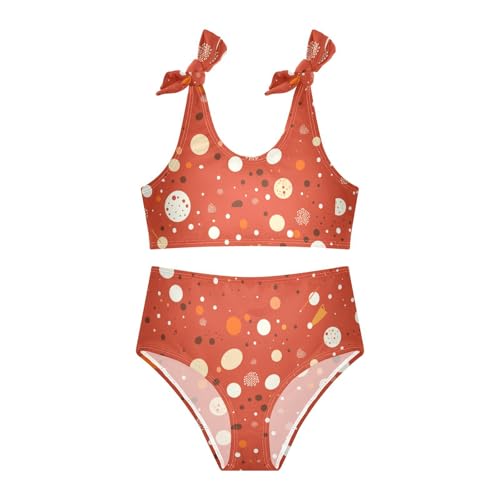 KLL White Polka Dot Red Background Chestnut Girls 2 Piece Bikini Sets Scoop Neck Beach Swimwear Bathing Suit3