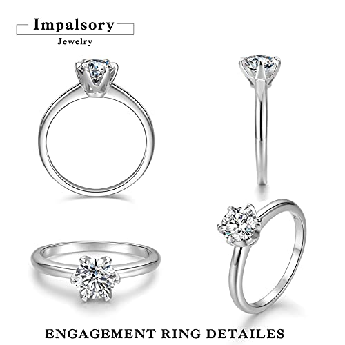 Impalsory Moissanite Engagement Ring, 1ct 6.5mm Round Lab Created Moissanite Solitaire Wedding Promise Rings for Women Men 18K White Gold Plated Sterling Silver Size 5-82