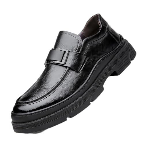 Image of Men's Leather Round Toe Platform Slip-On Oxford Shoes,Fashion Metal Decoration Business Loafers Casual Formal Work Driving Shoes