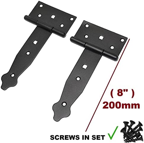LOGOK2K Cotarba Tee Hinges Metal T-Hinge Black Heavy Duty Gate Hinge Long Strap T for Door Shed Barn Weather Resistant Outdoor Decorative Screws Pair 200 mm ( 8'' ) Strong Powder Coated Koo