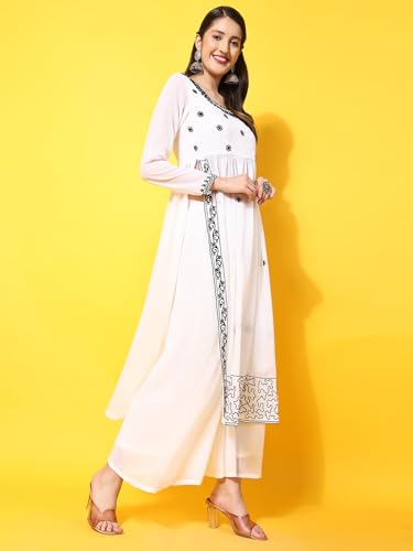 Image of PH POSHAKHUB Women A-Line Nyra Cut Kurta with Sharara in Georgette with Aari Work