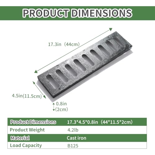 Image of Cast Iron Drain Grate, 17 * 4in Heavy Duty Outdoor Drain Cover, B125 Class Channel Grate, Metal Sewer Grate, Black Square Drainage Grate for Concrete Floor, Yard, Driveway & Garage.