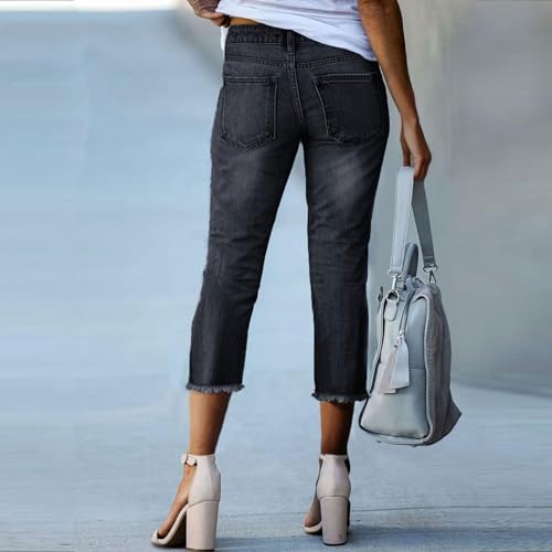 Capri Jeans for Women High Waisted Stretchy Skinny Jeans Cut Off Straight Leg Raw Hem Denim Capris Pants with Pockets4