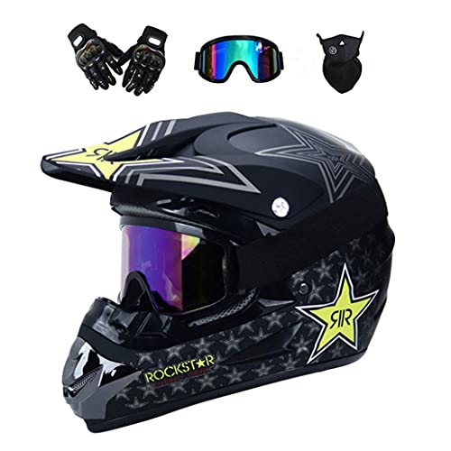 Unisex Volles Gesicht MTB Motocross Helm, mit Brille Maske Handschuhe, Jugend Kind Offroad Motorrad ATV Roller Absturz Helm, Bergab Quad Dirtbike Enduro Helm, Geschenk für Junge und Mädchen(Matt Black